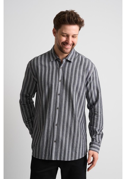 Alexandergardı Çizgili Uzun Kollu Erkek Keten Gömlek (EG-1866)
