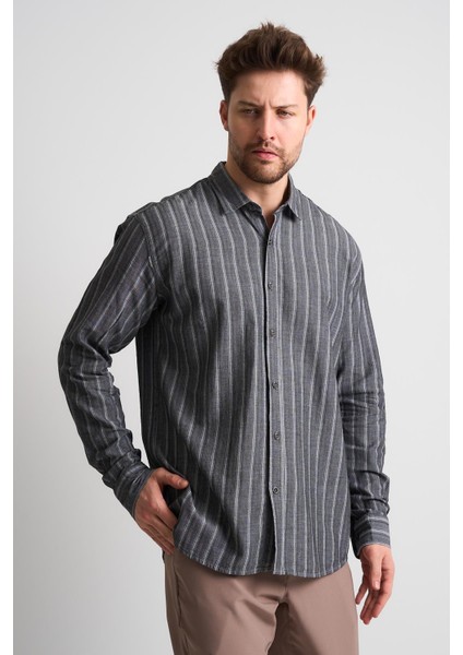 Alexandergardı Çizgili Uzun Kollu Erkek Keten Gömlek (EG-1866)