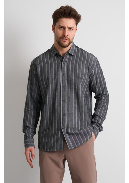 Alexandergardı Çizgili Uzun Kollu Erkek Keten Gömlek (EG-1866) fırsatları