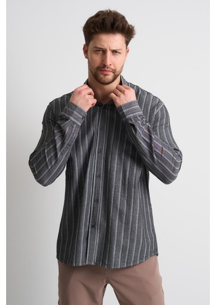 Alexandergardı Çizgili Uzun Kollu Erkek Keten Gömlek (EG-1866) indirimleri