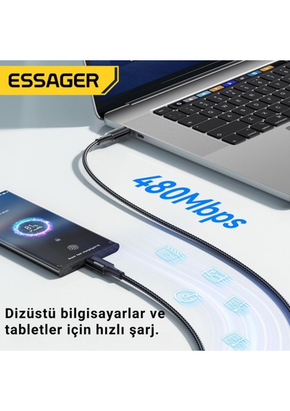 E-Marker Çipli 3mt 100W Type-C To Type-C Şarj Kablosu 480MBPS Veri Aktarım Şarj Akım Korumalı Kablo