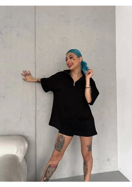 Yarım Fermuarlı Basic T-Shirt - Siyah modelleri