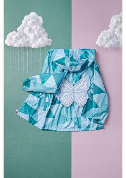(5-8 Yaş) Kelebek Detaylı Kapüşonlu Kız Çocuk Astarlı Mevsimlik yağmurluk - Su Yeşili