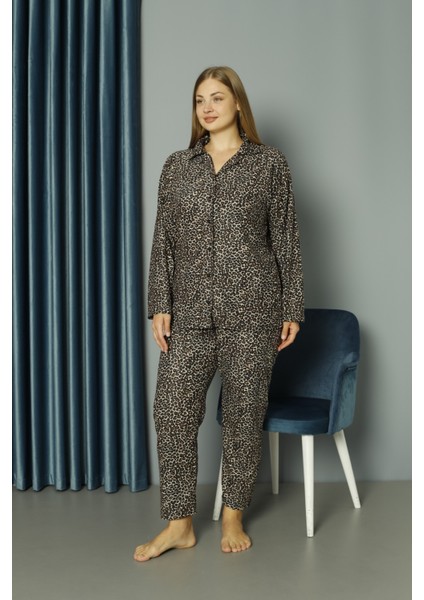 Kadın Gömlek Yaka Büyük Beden Süet Dokulu Alt Üst Pijama Takım
