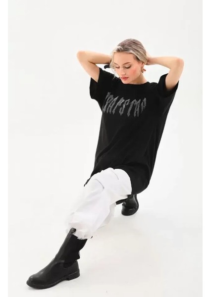 Unisex Taş Desenli Oversize T-Shirt - Siyah