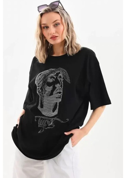 Unisex Taş Desenli Oversize T-Shirt - Siyah