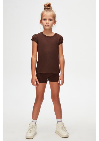 Kahverengi Basic Kız Çocuk Sıfır Yaka Karpuz Kol Tişört