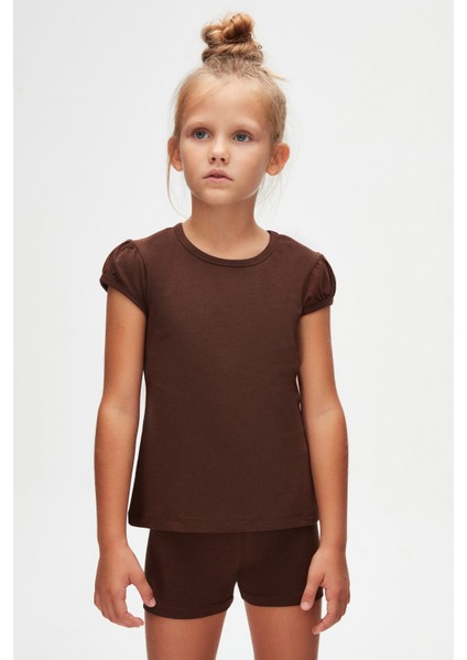 Kahverengi Basic Kız Çocuk Sıfır Yaka Karpuz Kol Tişört fiyatları