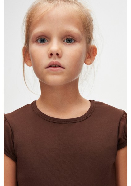 Kahverengi Basic Kız Çocuk Sıfır Yaka Karpuz Kol Tişört modelleri