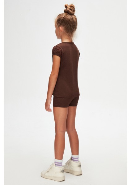 Kahverengi Basic Kız Çocuk Sıfır Yaka Karpuz Kol Tişört fırsatları