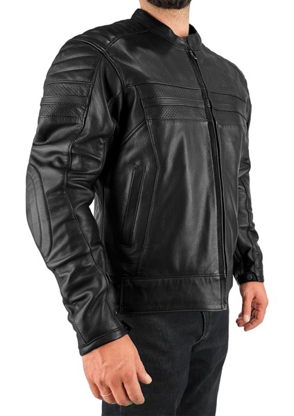 Retro Black Korumalı Motosiklet Deri Montu Erkek