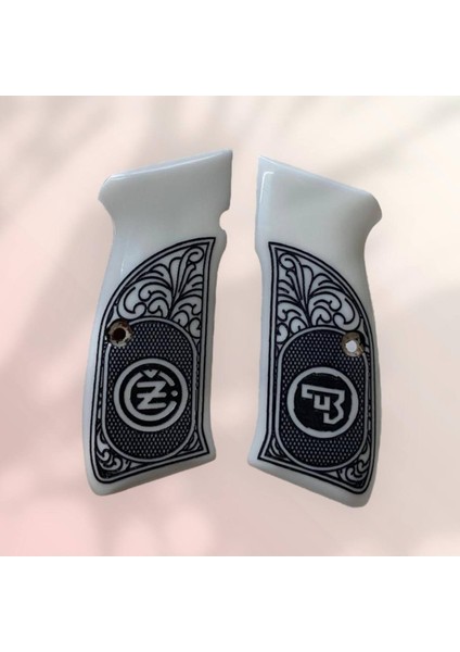 Cz 75 B Siyah Logo Işlemeli Yarım Dekor Beyaz Sedef Kabze