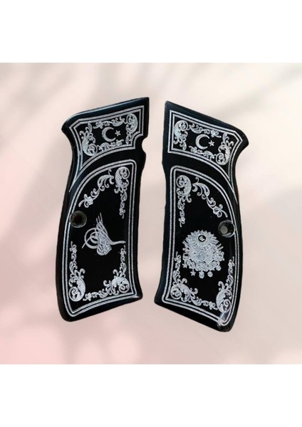 Cz 75 B Gümüş Yaldız Ay Yıldız ve Osmanlı Tuğrası Işlemeli Siyah Sedef Kabze
