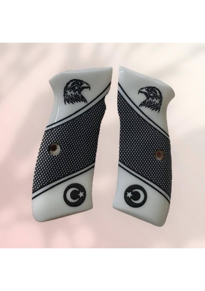Cz 75 B Siyah Şahin Baş ve Ay Yıldız Işlemeli Yarım Dekor Beyaz Sedef Kabze