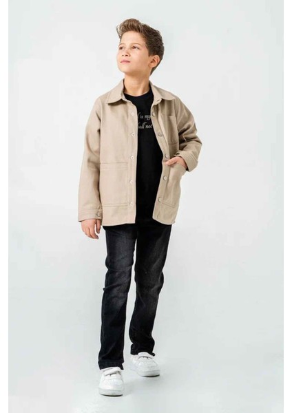 (9-12 Yaş) Çıtçıtlı Keten Gömlekli Erkek Çocuk 3 lü takım - Taş