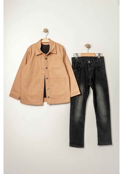 (9-12 Yaş) Çıtçıtlı Keten Gömlekli Erkek Çocuk 3 lü takım - Taba