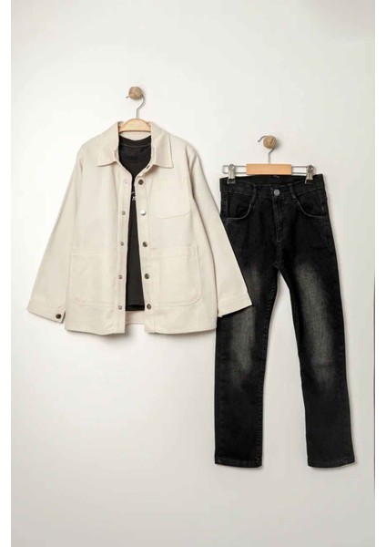 (9-12 Yaş) Çıtçıtlı Keten Gömlekli Erkek Çocuk 3 lü takım - Bej