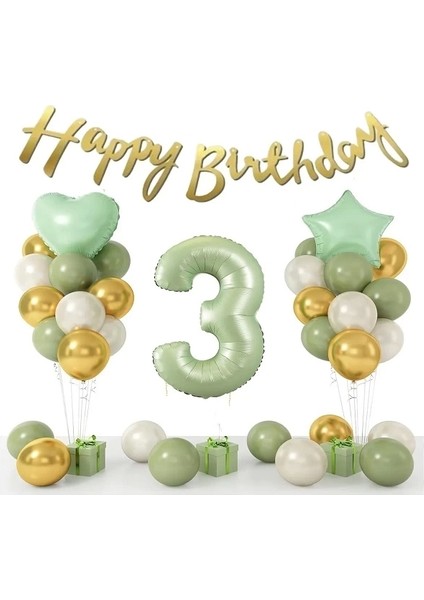 3 Yaş Küf Rengi Rakam Folyo Balon Doğum Günü Seti Parti Kutlama Eğlence