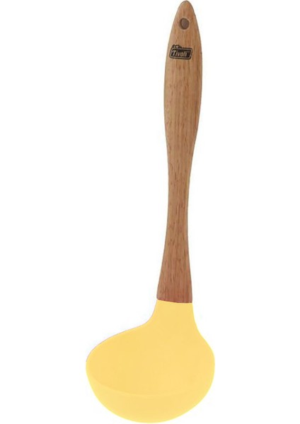Ahşap Saplı Ucu Silikon Servis Kepçesi Isıya Dayanıklı Yanmaz Yapışmaz Çorba Kepçesi 27 cm Sarı