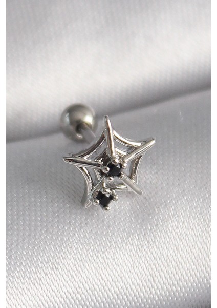 Çelik Gümüş Renk Siyah Zirkon Taş Detay Örümcek Ağ Model Tragus Piercing