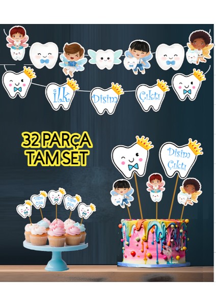 32 Parça Tam Set Ilk Dişim Çıktı Diş Buğdayı Erkek Süs Seti Banner Pasta Kürdanı Cupcake Süsü Seti