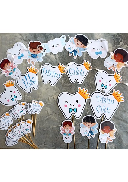 32 Parça Tam Set Ilk Dişim Çıktı Diş Buğdayı Erkek Süs Seti Banner Pasta Kürdanı Cupcake Süsü Seti modelleri