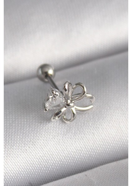 Çelik Gümüş Renk Zirkon Taş Detay Kurdele Model Tragus Piercing