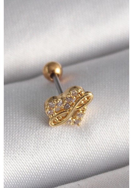 Çelik Gold Renk Zirkon Taşlı Kalp Sonsuzluk Detay Tragus Piercing