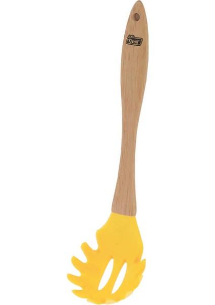 Ahşap Saplı Ucu Silikon Makarna Kepçesi Isıya Dayanıklı Yanmaz Yapışmaz Spagetti Kaşığı 29 cm Sarı