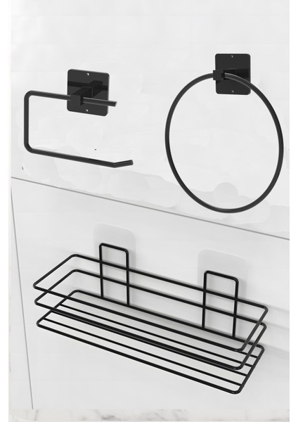 3'lü Set Yapışkanlı Banyo Düzenleyici Duşakabin Şampuanlık Banyo Rafı Wc Kağıtlık ve Havluluk