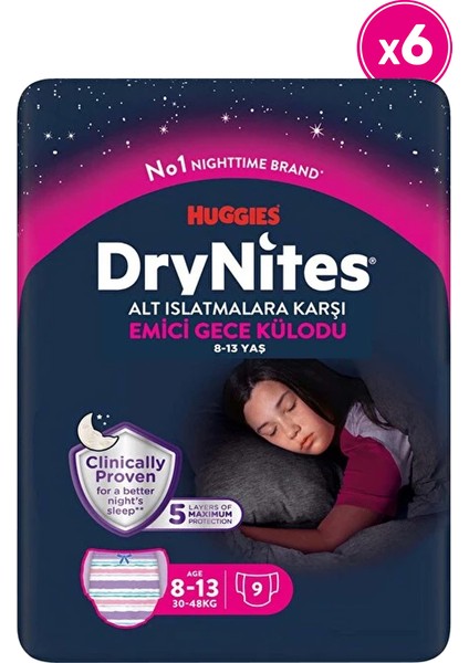 Huggies Drynites Gece Külodu Kız 8-13 Yaş 30-48 kg 6 Paket 54 Adet