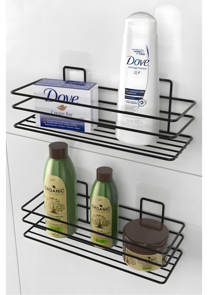 Yapışkanlı Banyo Rafı Mat Siyah Banyo Şampuanlık Duşakabin Duş Askısı 2 Li Set