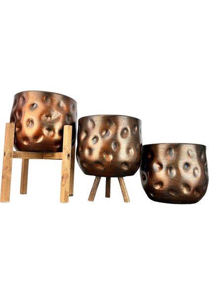 Ev Dekorasyon Aksesuar Bakır Desenli Toprak Saksı Saksılık Salon Çiçeklik Üçlü Set 19 cm