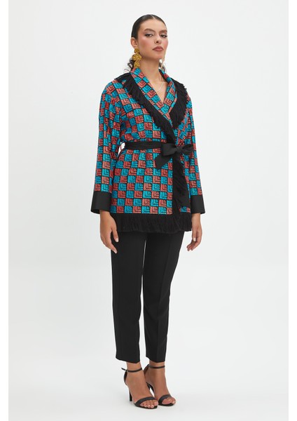 Kadın Ekose Desenli Ceket - Püskül ve Kemer Detaylı, Modern ve Şık Tasarım - Günlük ve Özel Kullanım Için