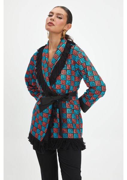 Kadın Ekose Desenli Ceket - Püskül ve Kemer Detaylı, Modern ve Şık Tasarım - Günlük ve Özel Kullanım Için fiyatları