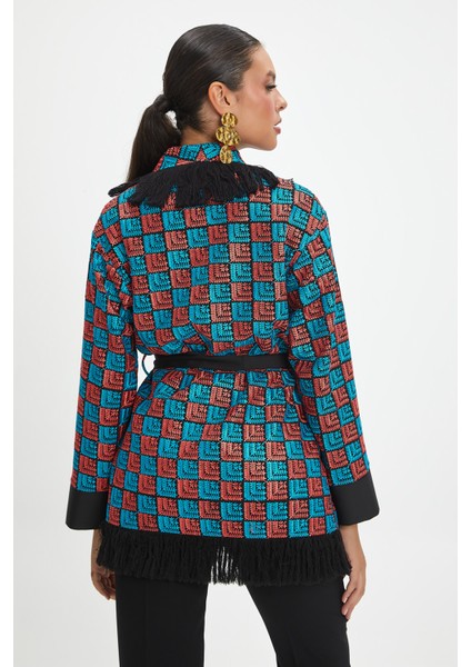 Kadın Ekose Desenli Ceket - Püskül ve Kemer Detaylı, Modern ve Şık Tasarım - Günlük ve Özel Kullanım Için modelleri