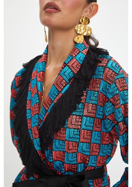 Kadın Ekose Desenli Ceket - Püskül ve Kemer Detaylı, Modern ve Şık Tasarım - Günlük ve Özel Kullanım Için fırsatları