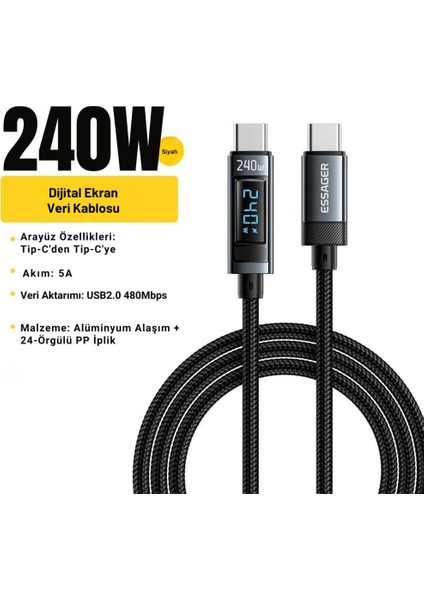 Şarj Akım Korumalı Göstergeli 1mt Pd 240W Type-C Şarj Kablosu 480MBPS Şarj Kablosu