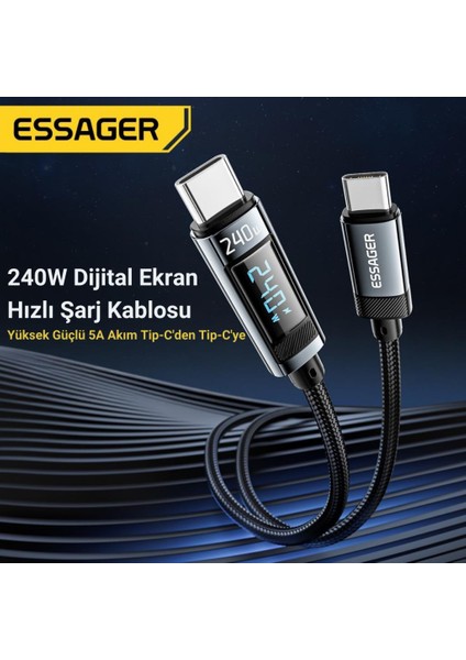 Şarj Akım Korumalı Göstergeli 1mt Pd 240W Type-C Şarj Kablosu 480MBPS Şarj Kablosu