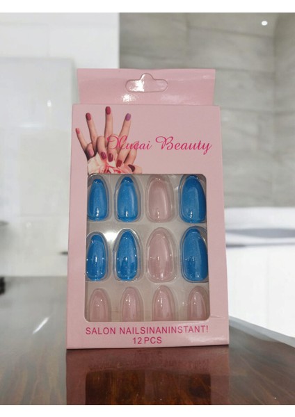 Badem Kesim Simli Tak-Çık Kendinden Yapışkanlı Takma Tırnak 12'li Set