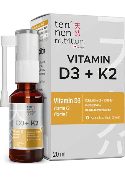 Vitamin D3 K2 1000 Iu, Vitamin E, Zeytinyağı Sayesinde Yüksek Emilim, 20 ml