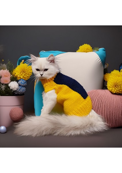 Kedi Köpek için Sarı Lacivert Yün Kazak
