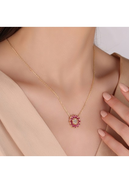 Bageuette Kesim Zirconia Yakut Kolye, 18 Ayar Altın Kaplama Kolye, 925 Ayar Gümüş Kolye,45 cm Zincir