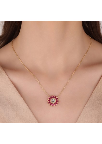 Bageuette Kesim Zirconia Yakut Kolye, 18 Ayar Altın Kaplama Kolye, 925 Ayar Gümüş Kolye,45 cm Zincir
