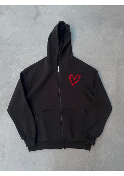 Üç İplik Baskılı Fermuarlı Kapşonlu Hırka - Siyah fiyatları