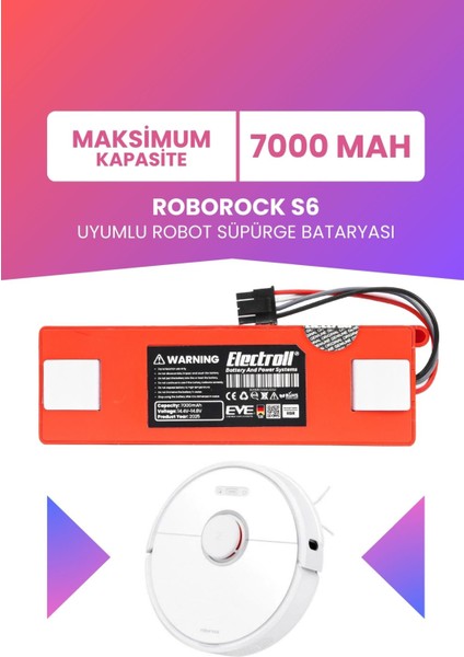 Roborock S6 Uyumlu Batarya (Maksimum Kapasite) 7000MAH Kutulu Robot Süpürge Pil Değişimi