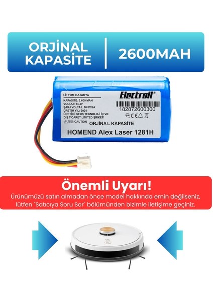 Homend Alex Laser 1281H Uyumlu Batarya (Orjinal Kapasite) 2600MAH Pil Robot Süpürge Bataryası