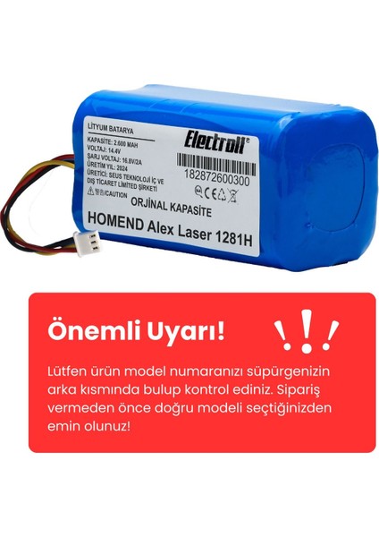 Homend Alex Laser 1281H Uyumlu Batarya (Orjinal Kapasite) 2600MAH Pil Robot Süpürge Bataryası fiyatları