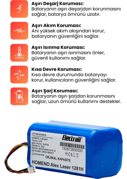 Homend Alex Laser 1281H Uyumlu Batarya (Orjinal Kapasite) 2600MAH Pil Robot Süpürge Bataryası fırsatları