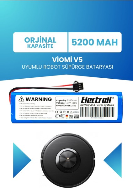 Viomi V5 Uyumlu Batarya (Orjinal Kapasite) 5200MAH Pil Robot Süpürge Bataryası Değişimi